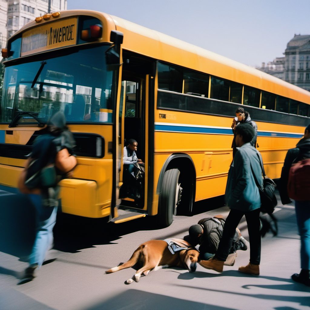 Person boarding or alighting from bus injured in collision with pedestrian or animal digital illustration