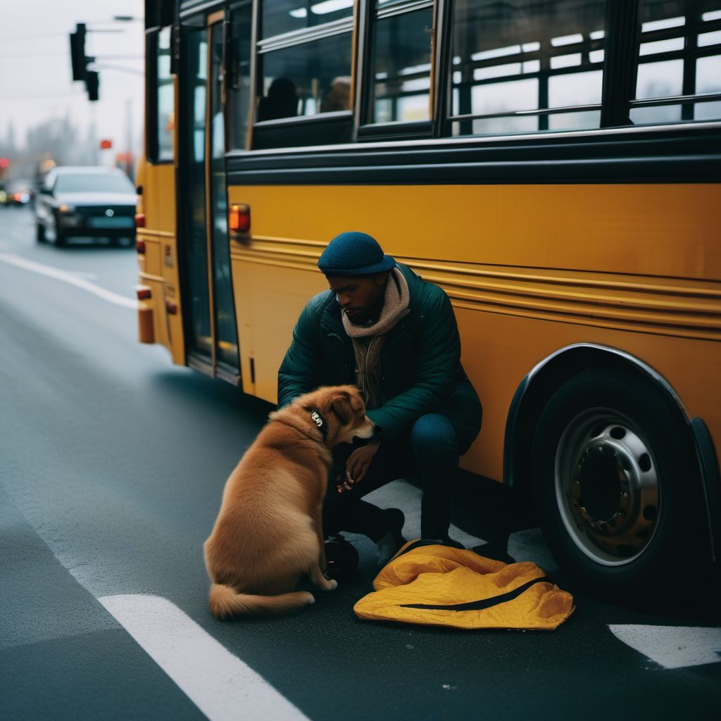 Person on outside of bus injured in collision with pedestrian or animal in traffic accident digital illustration