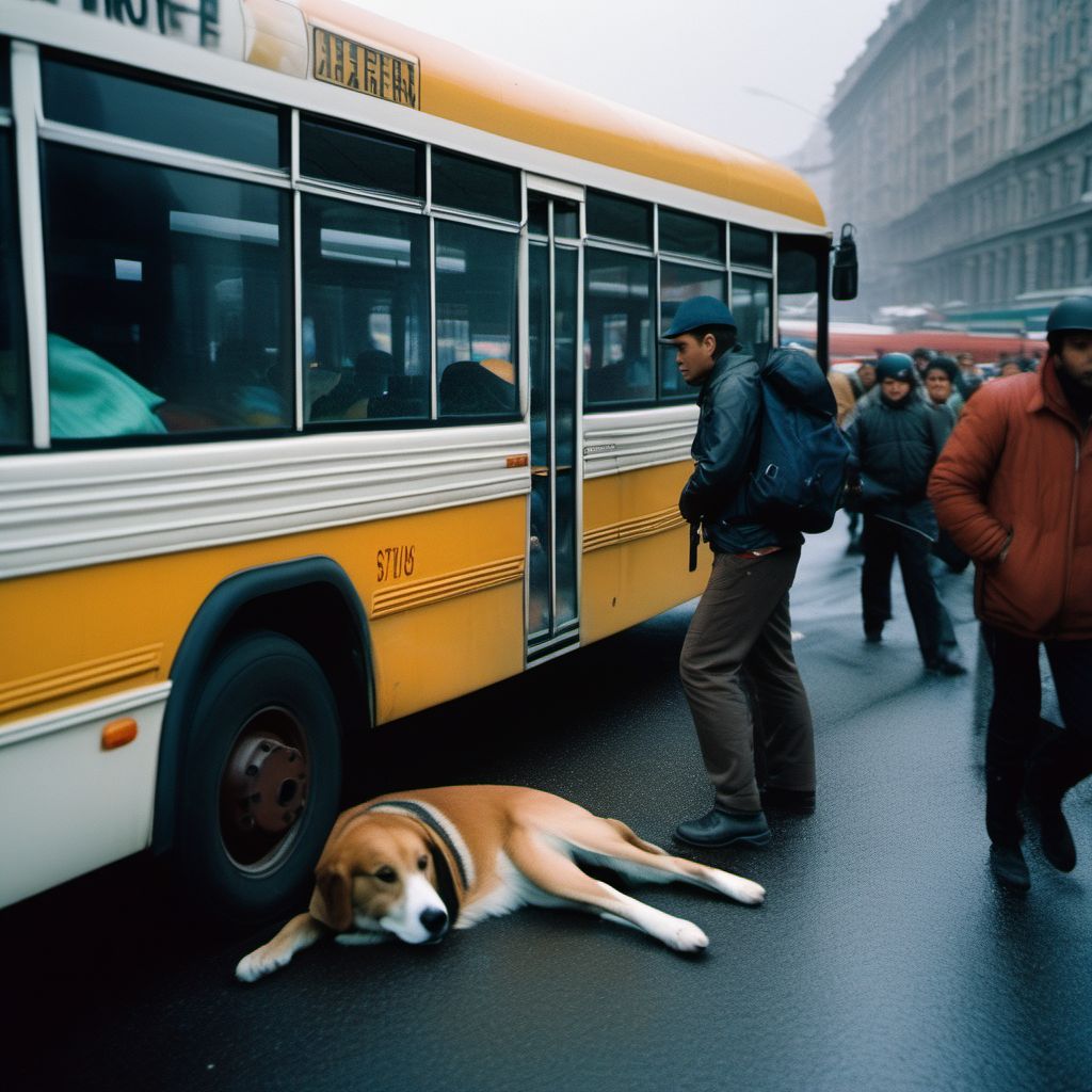 Unspecified occupant of bus injured in collision with pedestrian or animal in traffic accident digital illustration