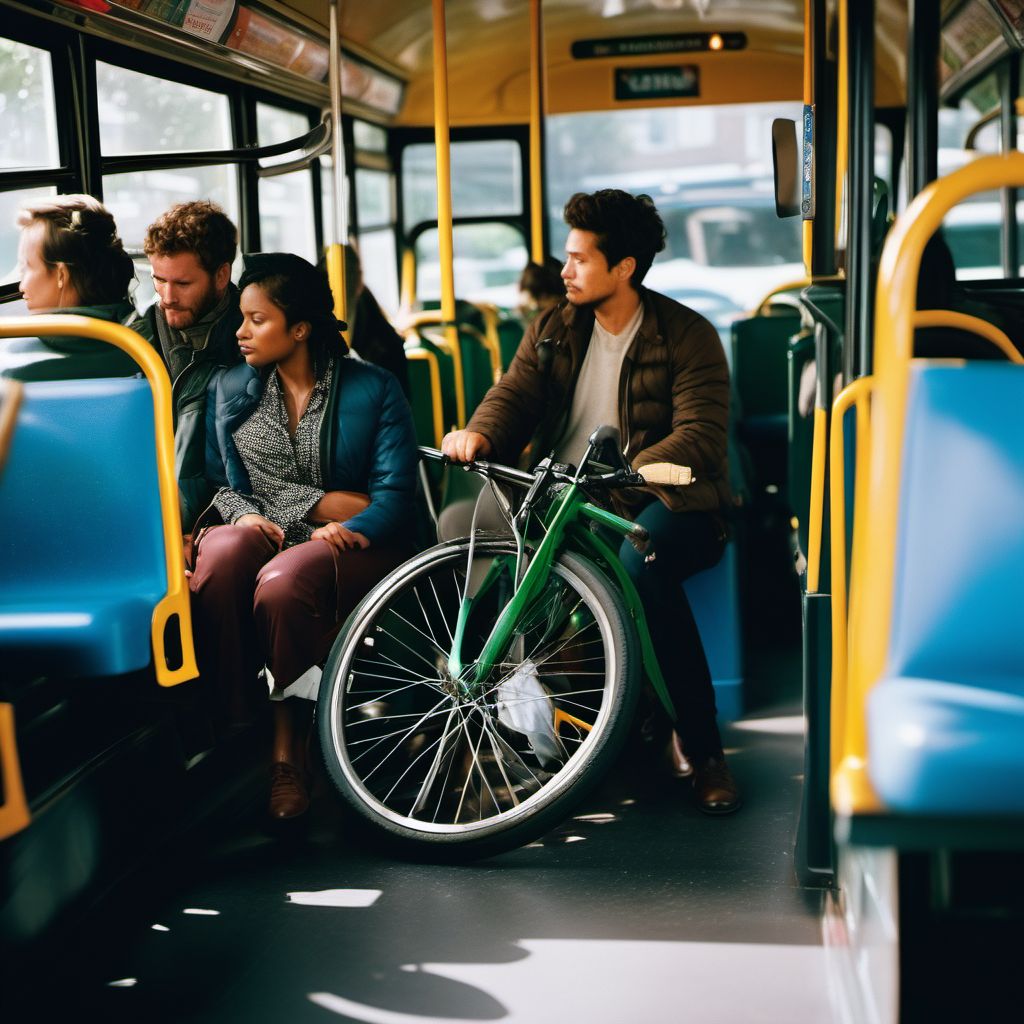 Passenger on bus injured in collision with pedal cycle in nontraffic accident digital illustration