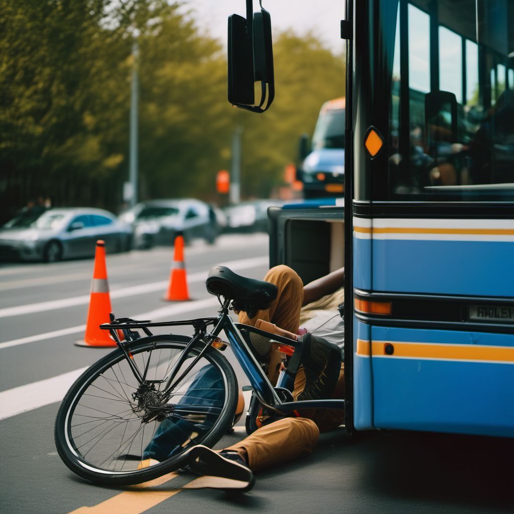 Person on outside of bus injured in collision with pedal cycle in nontraffic accident digital illustration