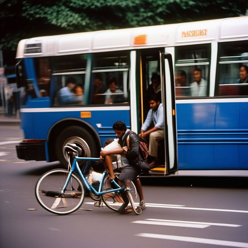 Passenger on bus injured in collision with pedal cycle in traffic accident digital illustration