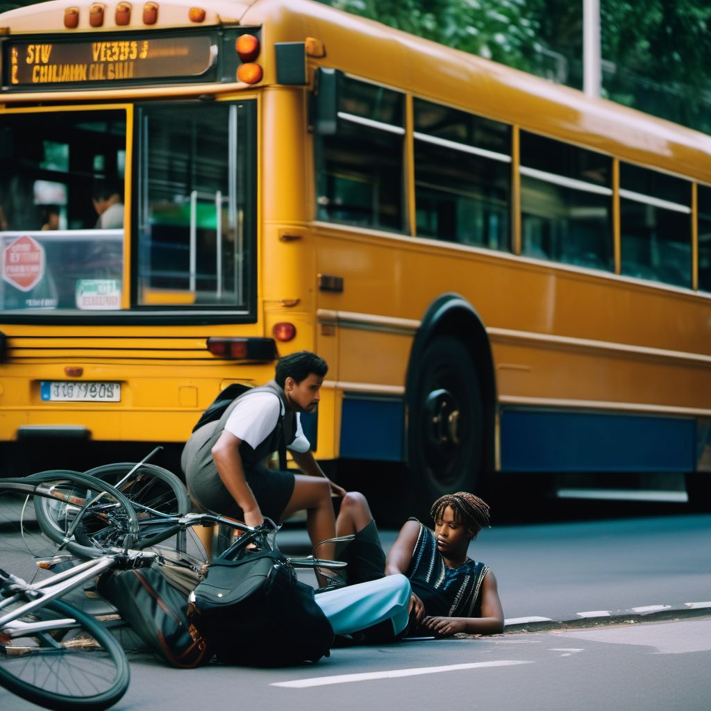 Person on outside of bus injured in collision with pedal cycle in traffic accident digital illustration