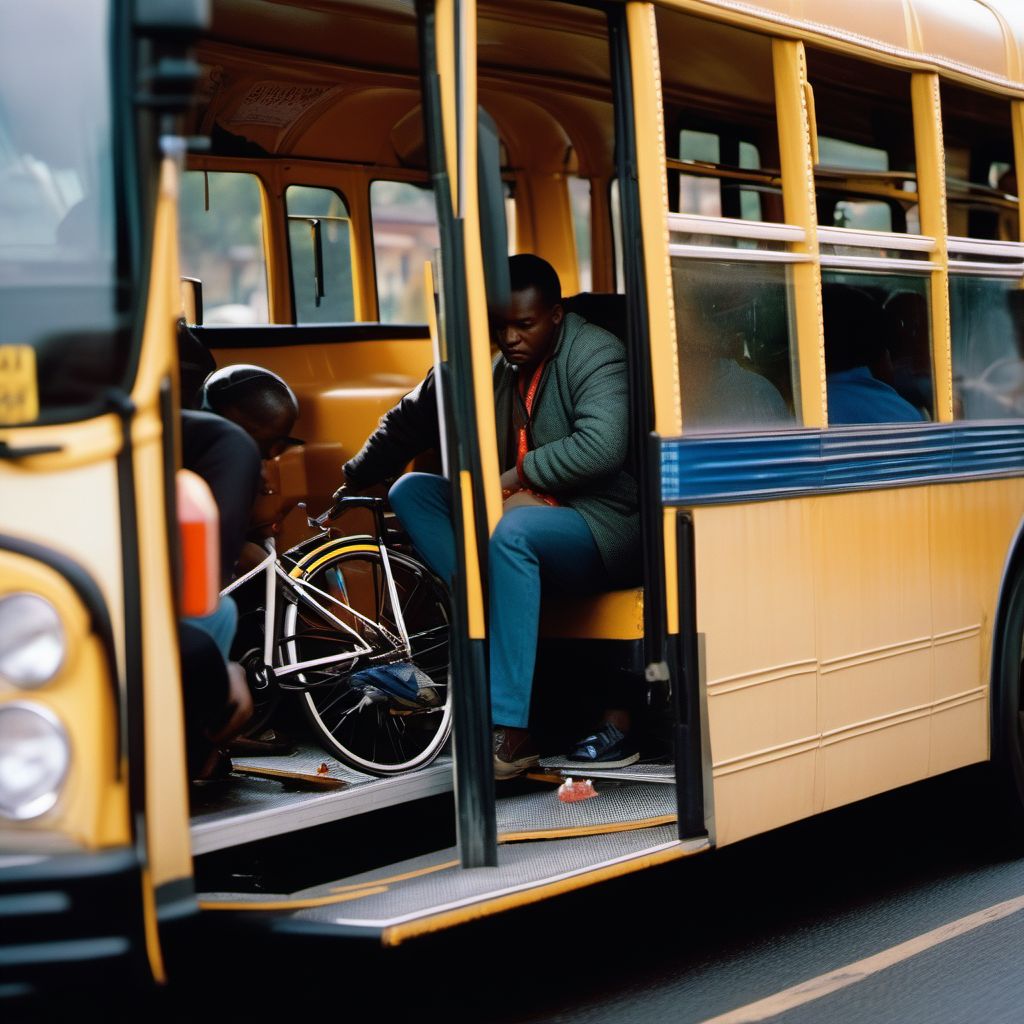 Unspecified occupant of bus injured in collision with pedal cycle in traffic accident digital illustration