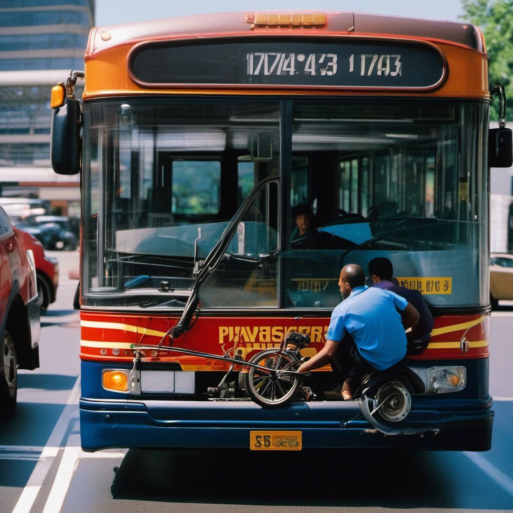 Passenger on bus injured in collision with two- or three-wheeled motor vehicle in nontraffic accident digital illustration