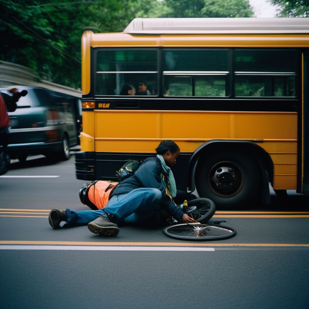 Person on outside of bus injured in collision with two- or three-wheeled motor vehicle in nontraffic accident digital illustration