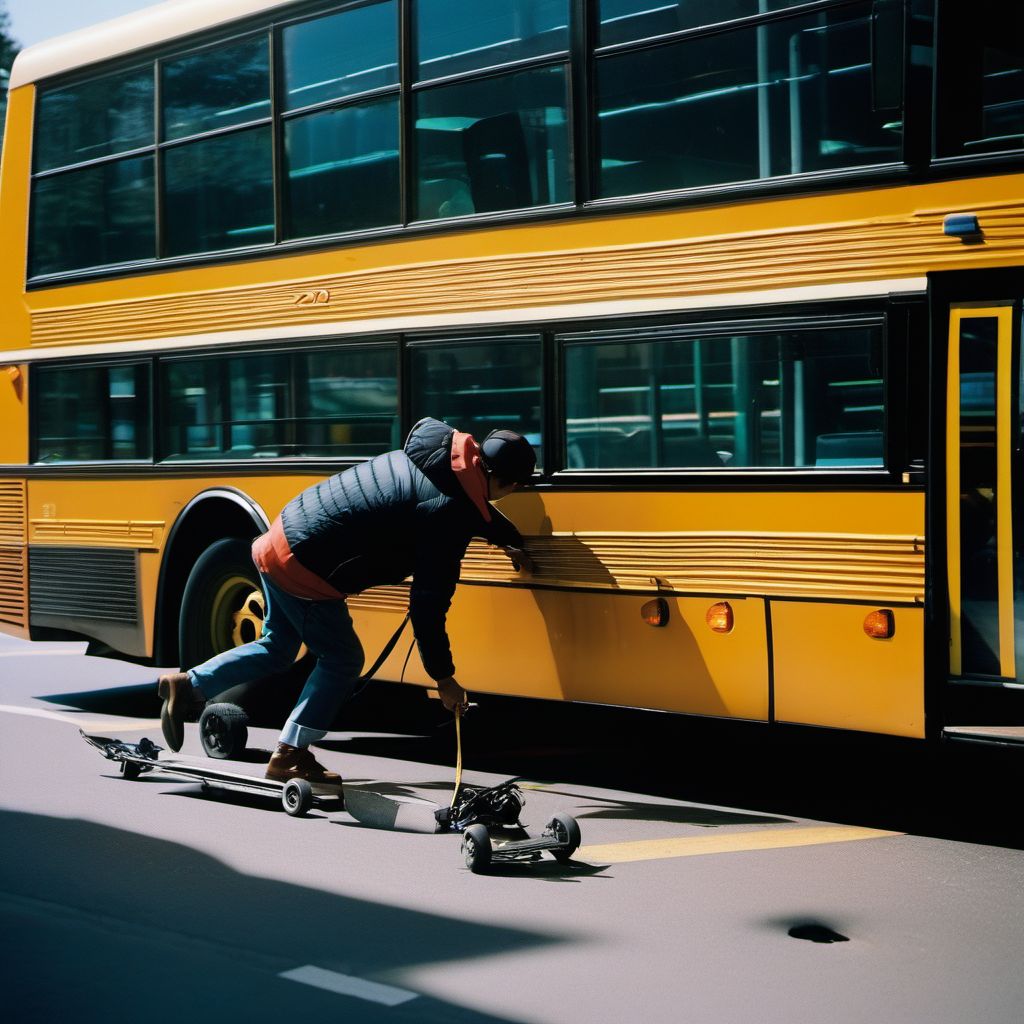 Person boarding or alighting from bus injured in collision with two- or three-wheeled motor vehicle digital illustration