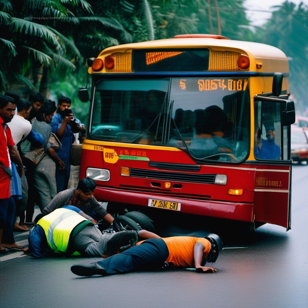 Driver of bus injured in collision with two- or three-wheeled motor vehicle in traffic accident digital illustration