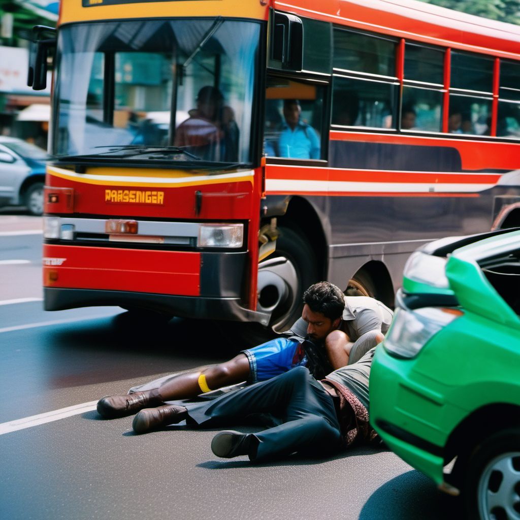 Passenger on bus injured in collision with two- or three-wheeled motor vehicle in traffic accident digital illustration