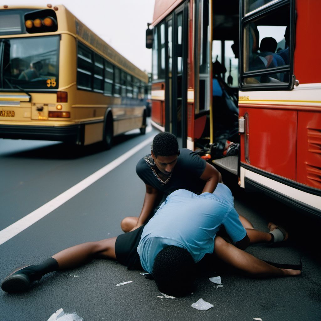 Person on outside of bus injured in collision with two- or three-wheeled motor vehicle in traffic accident digital illustration