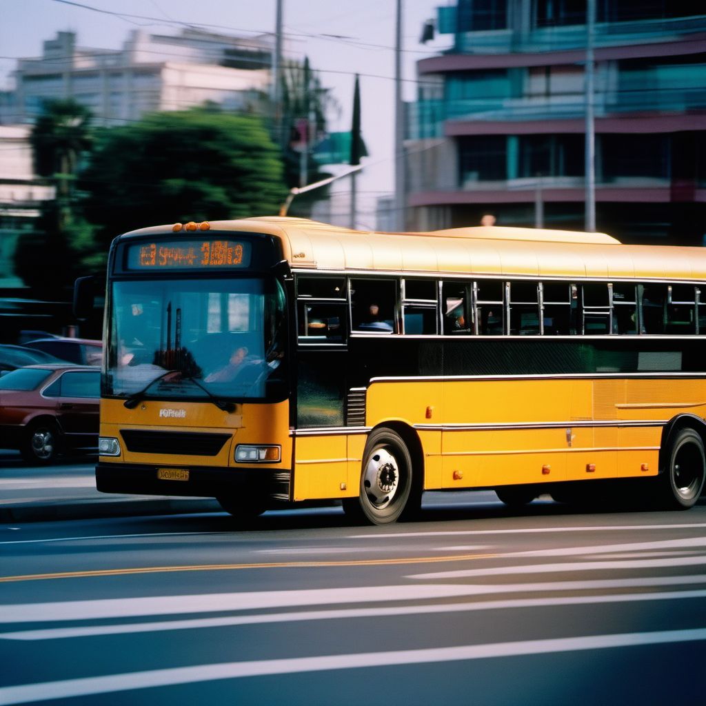 Unspecified occupant of bus injured in collision with two- or three-wheeled motor vehicle in traffic accident digital illustration