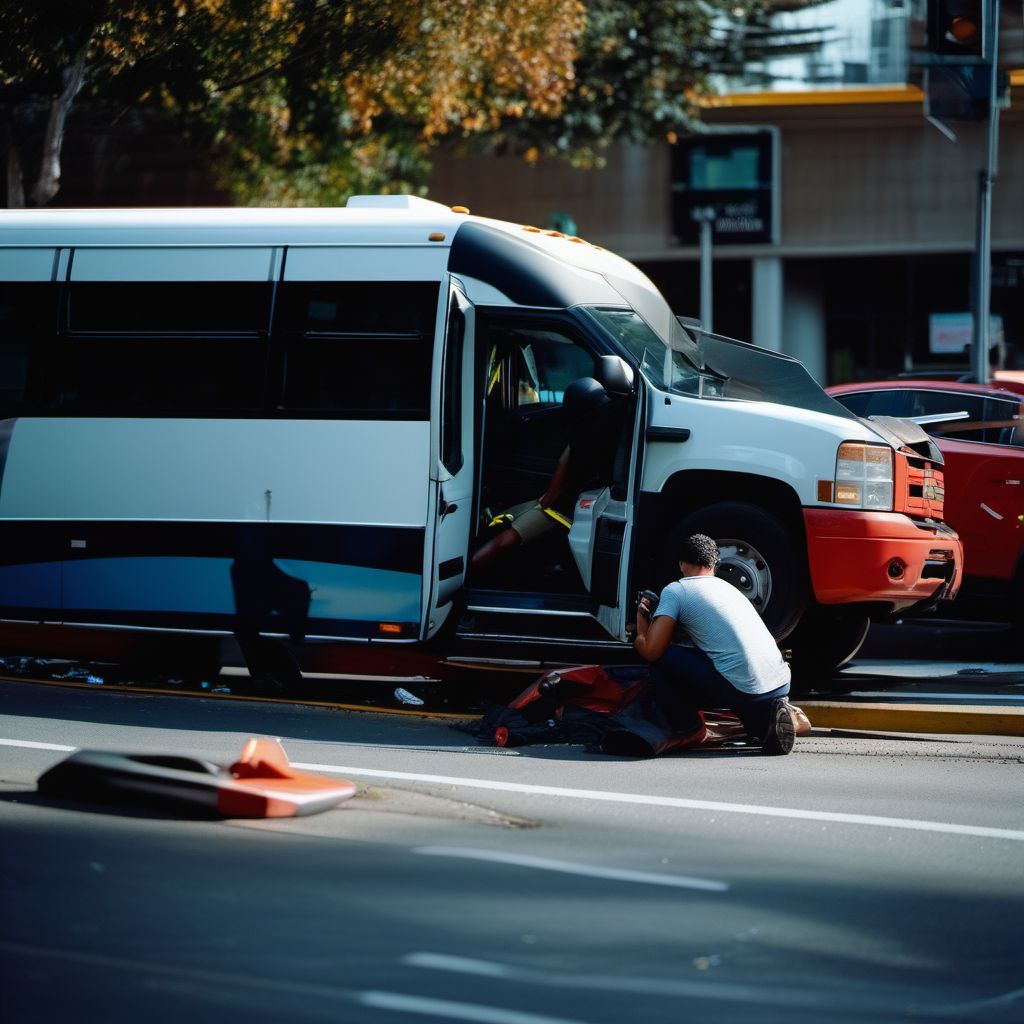 Person on outside of bus injured in collision with car, pick-up truck or van in nontraffic accident digital illustration