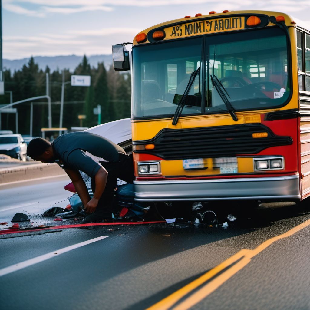 Unspecified occupant of bus injured in collision with car, pick-up truck or van in nontraffic accident digital illustration