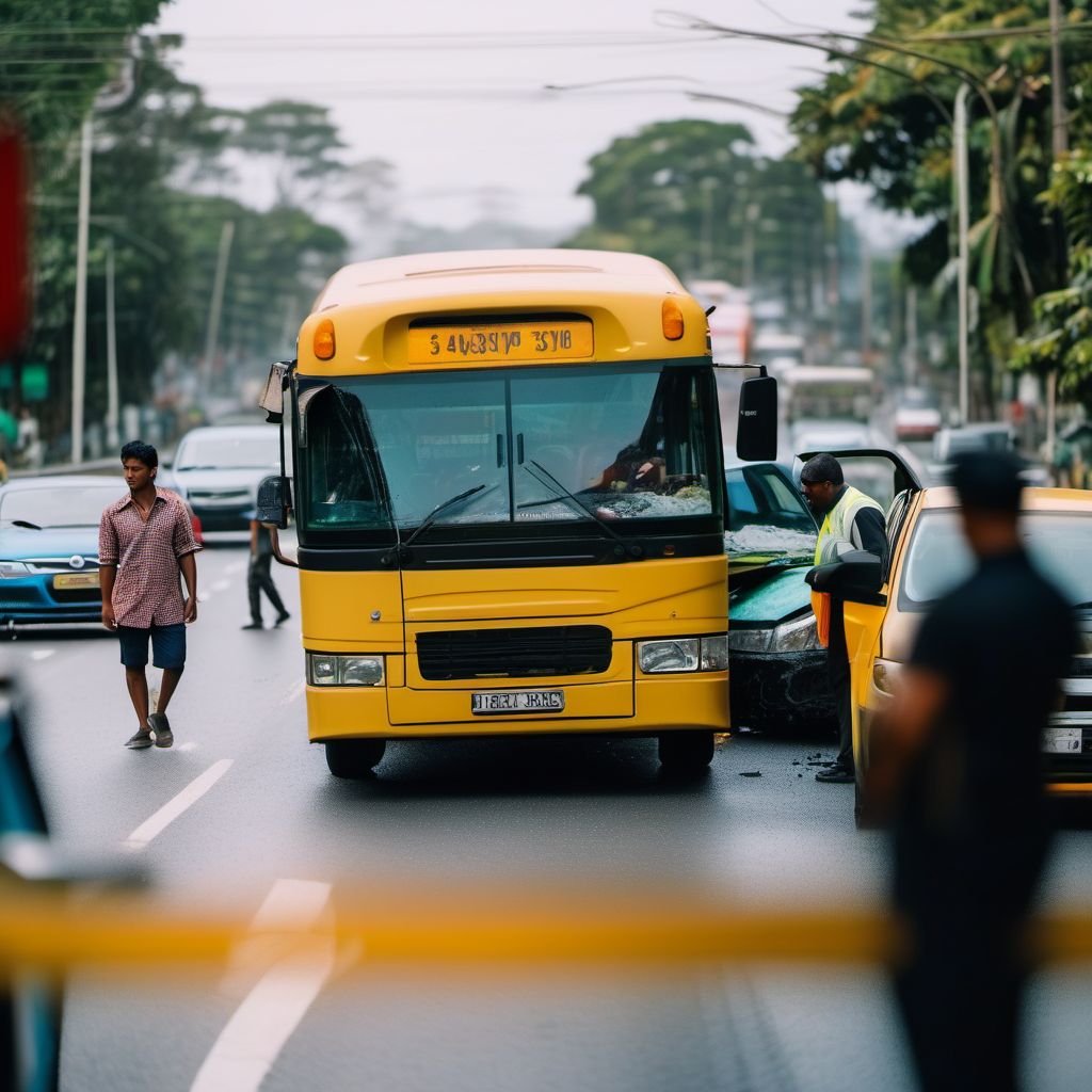 Driver of bus injured in collision with car, pick-up truck or van in traffic accident digital illustration