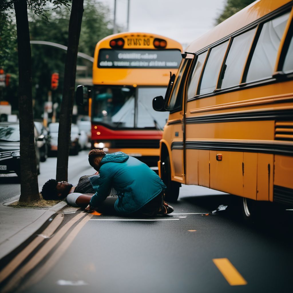 Person on outside of bus injured in collision with car, pick-up truck or van in traffic accident digital illustration