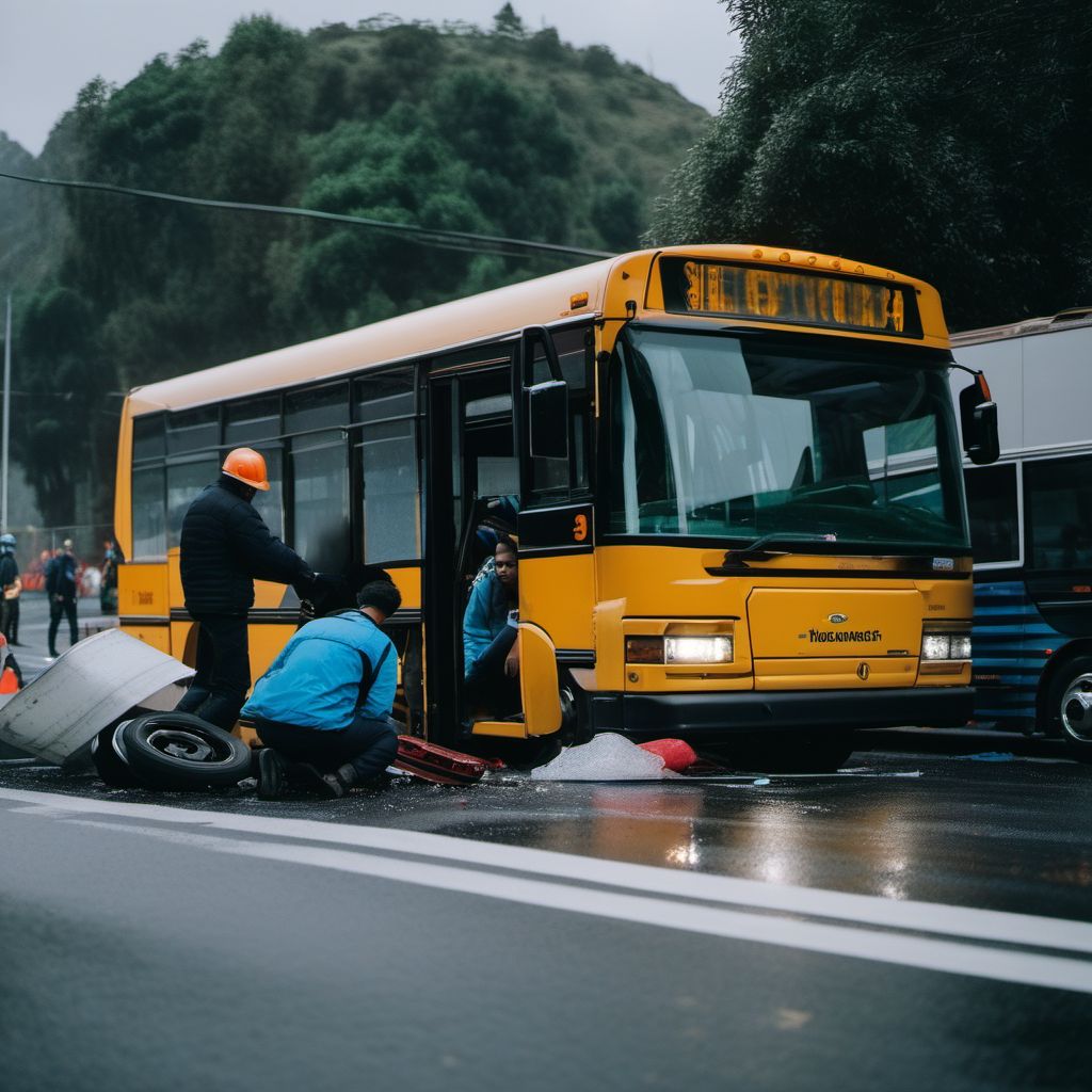 Person on outside of bus injured in collision with heavy transport vehicle or bus in nontraffic accident digital illustration