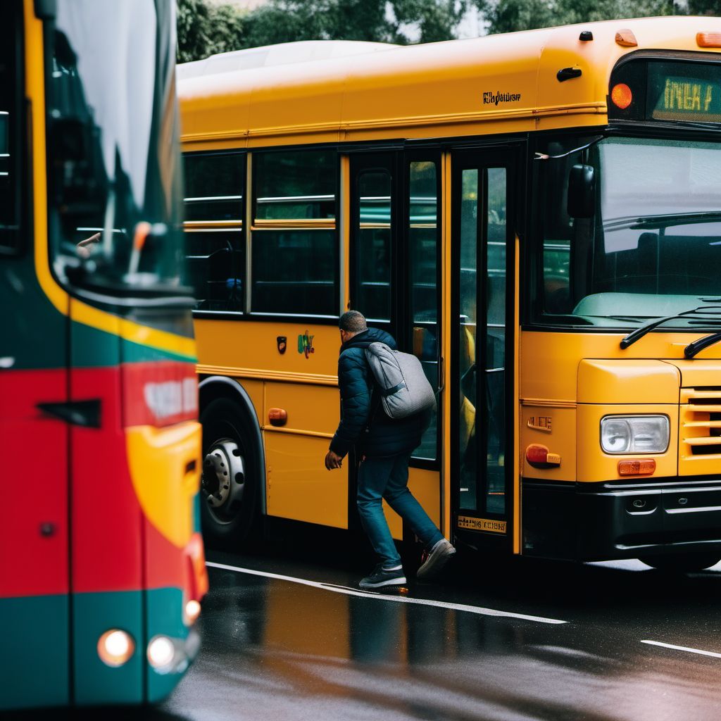 Person boarding or alighting from bus injured in collision with heavy transport vehicle or bus digital illustration