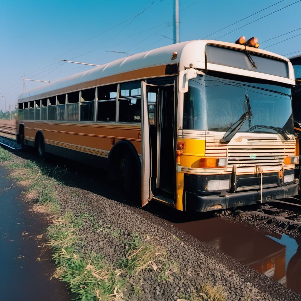 Driver of bus injured in collision with railway train or railway vehicle in nontraffic accident digital illustration