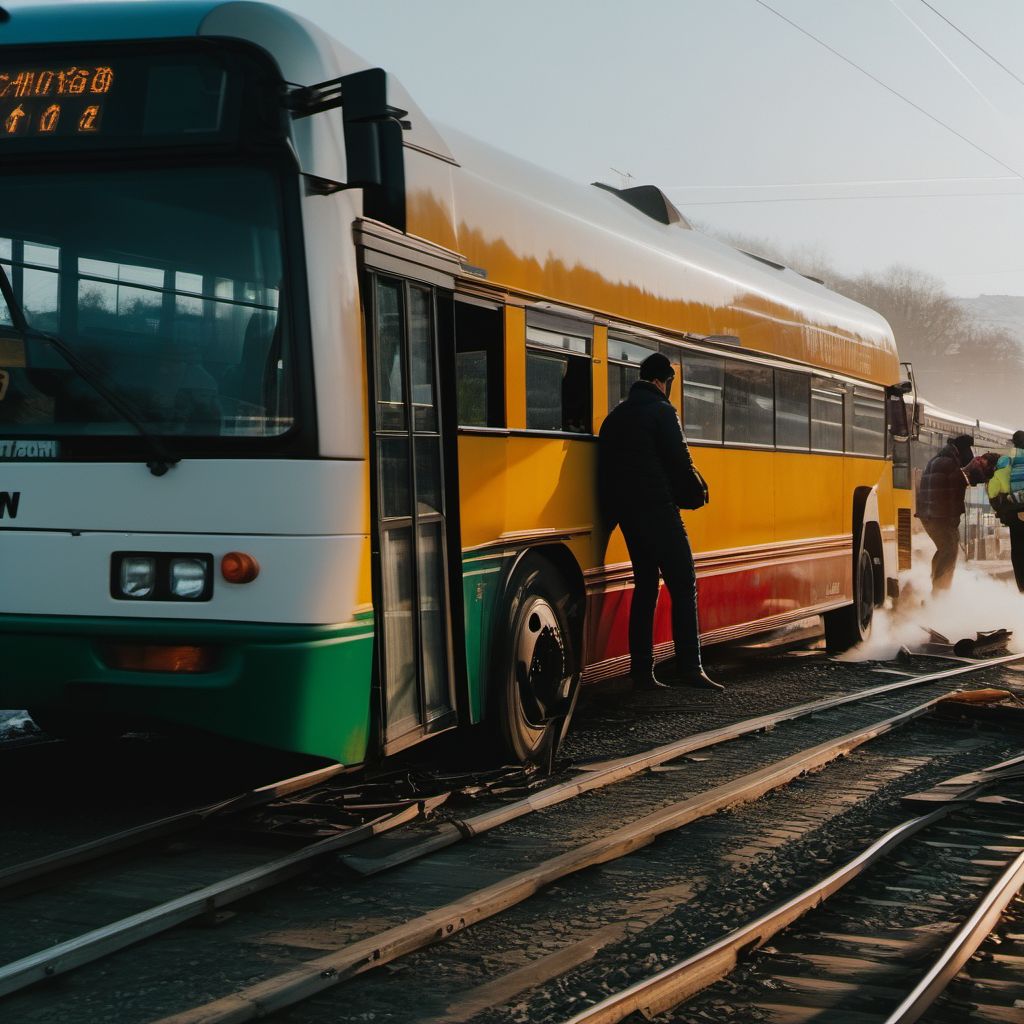 Person on outside of bus injured in collision with railway train or railway vehicle in nontraffic accident digital illustration