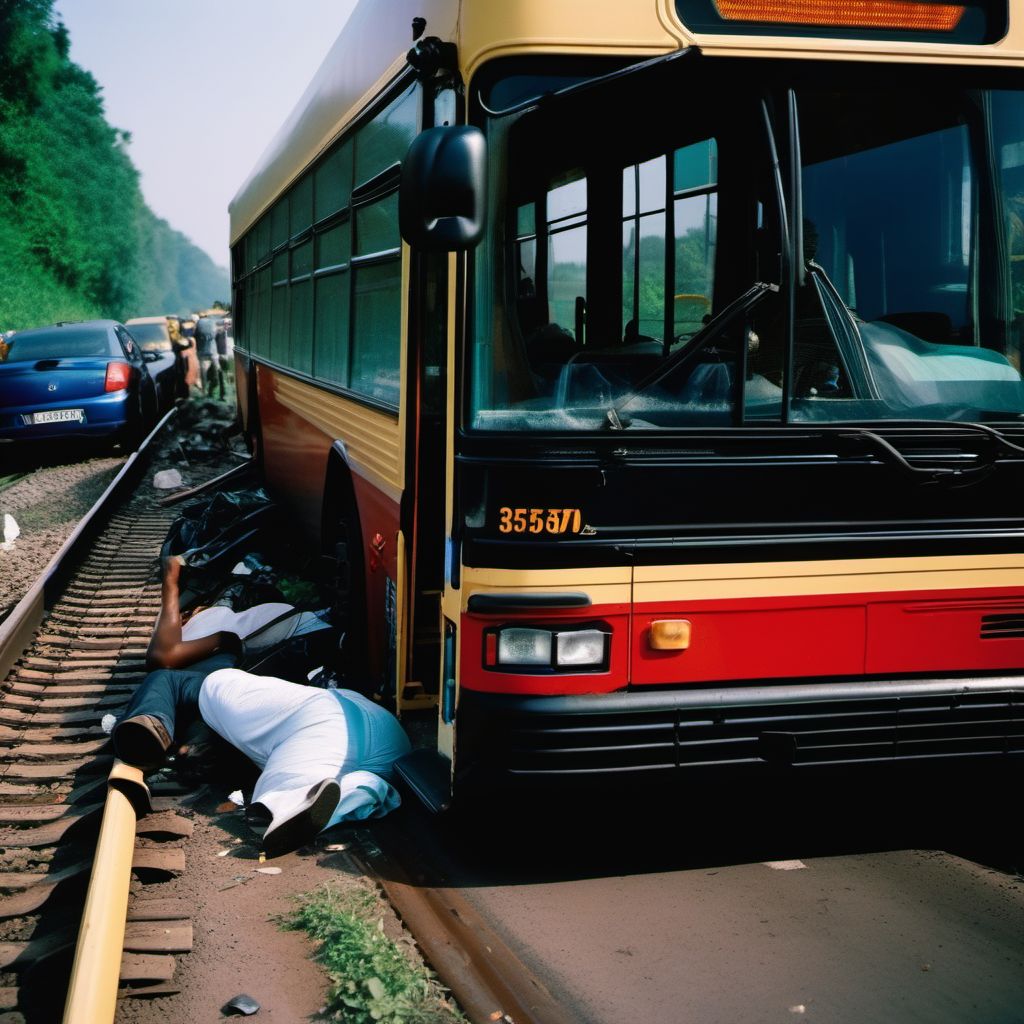 Unspecified occupant of bus injured in collision with railway train or railway vehicle in nontraffic accident digital illustration