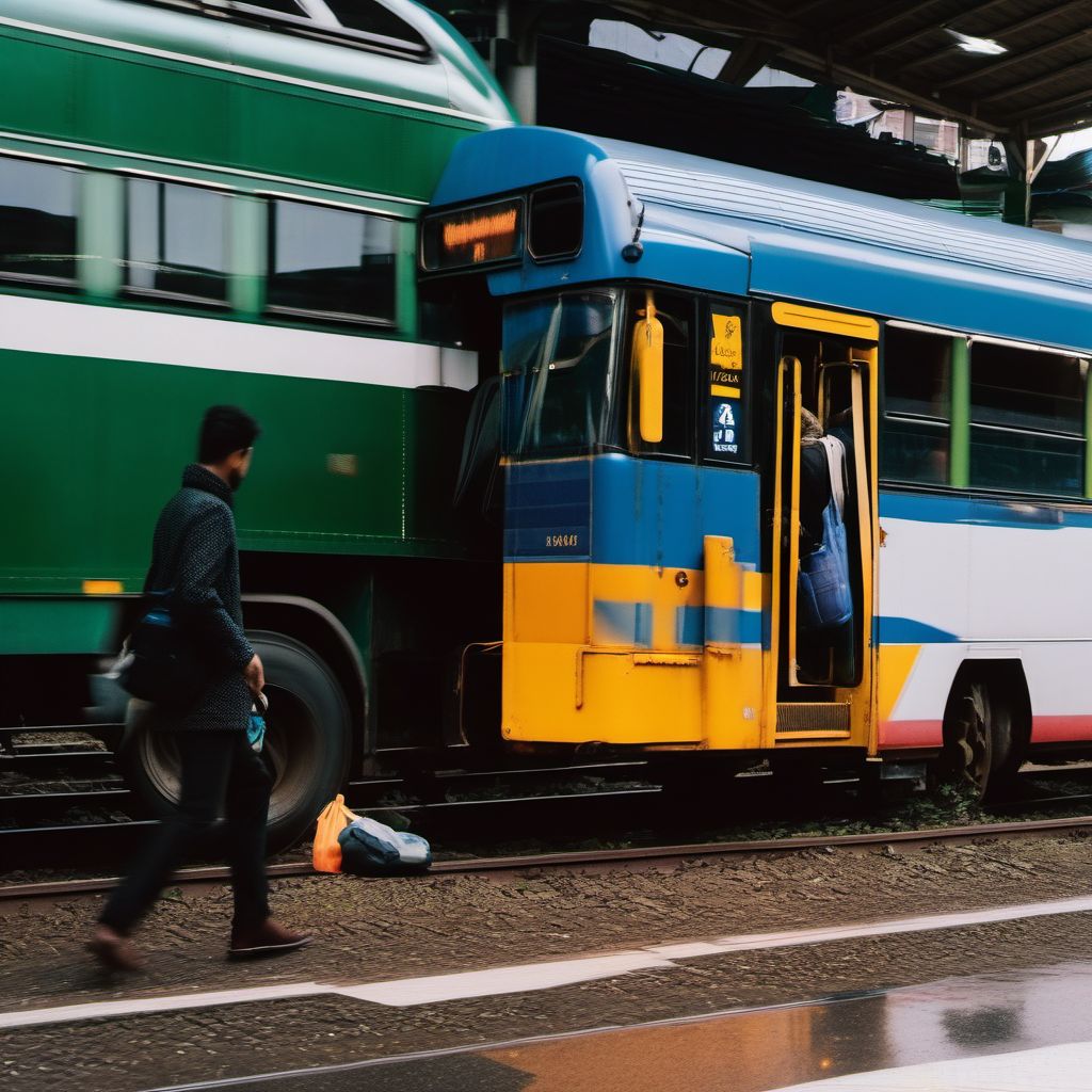 Person boarding or alighting from bus injured in collision with railway train or railway vehicle digital illustration