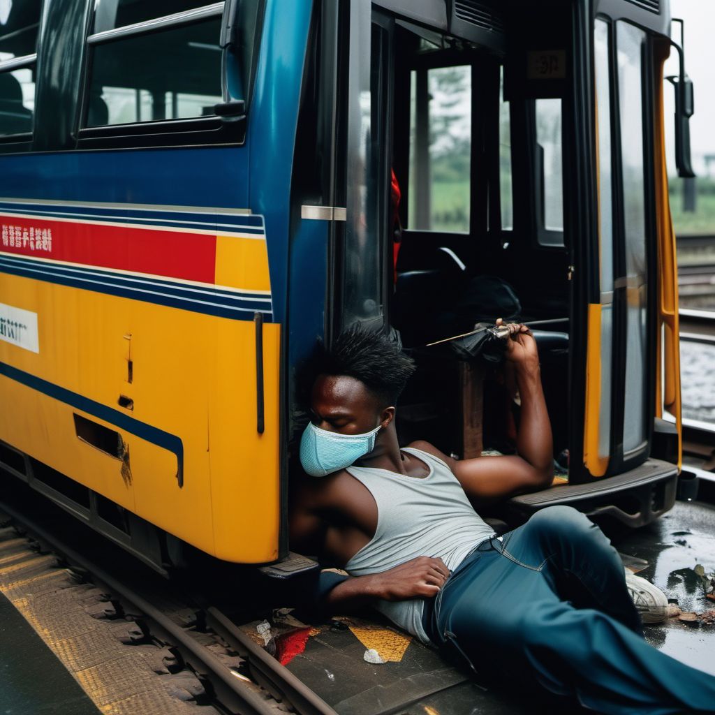 Passenger on bus injured in collision with railway train or railway vehicle in traffic accident digital illustration