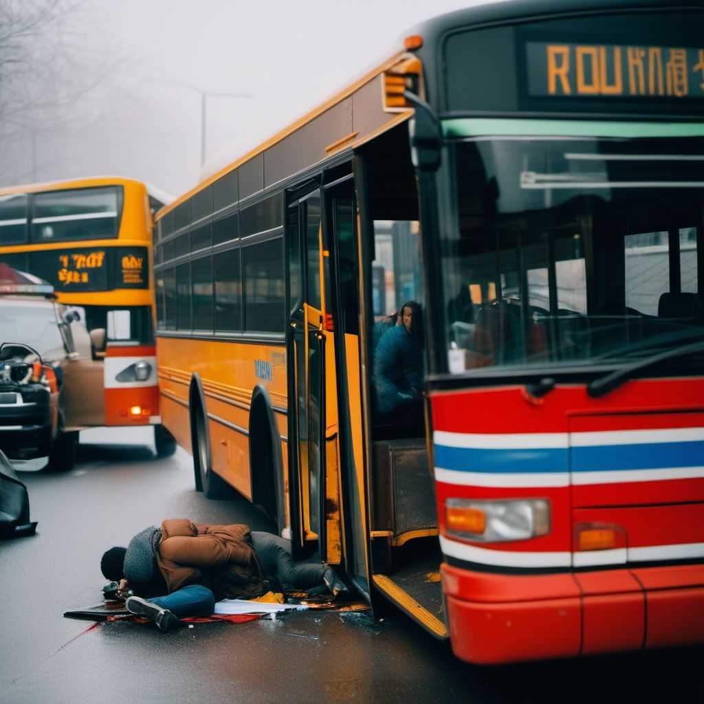 Person on outside of bus injured in collision with fixed or stationary object in traffic accident digital illustration