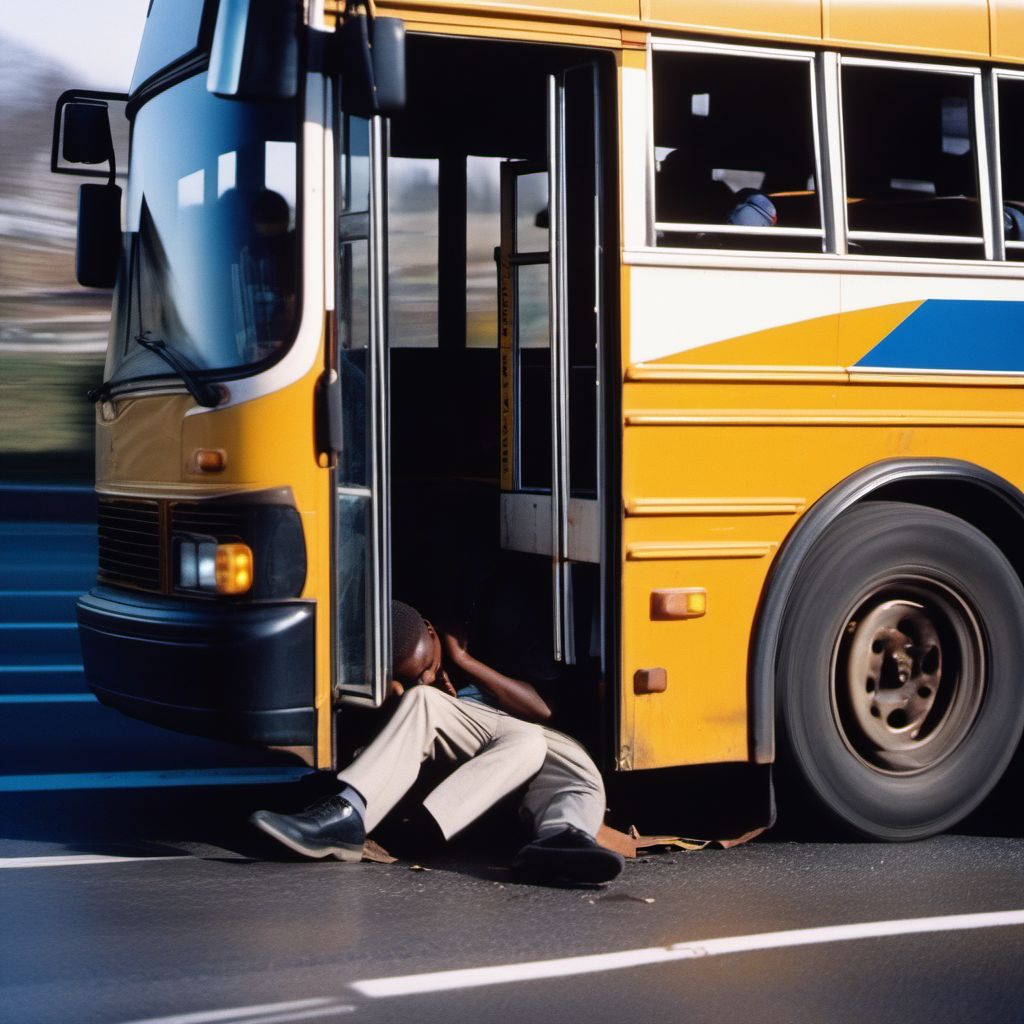 Unspecified occupant of bus injured in collision with fixed or stationary object in traffic accident digital illustration