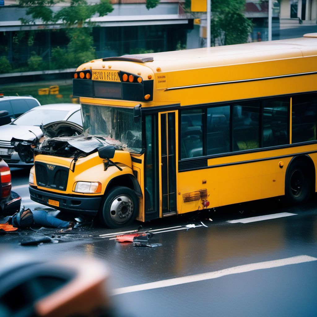 Driver of bus injured in collision with other and unspecified motor vehicles in traffic accident digital illustration