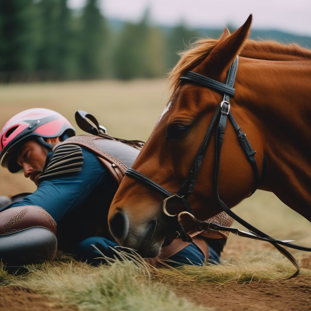 Animal-rider injured by fall from or being thrown from other animal in noncollision accident digital illustration