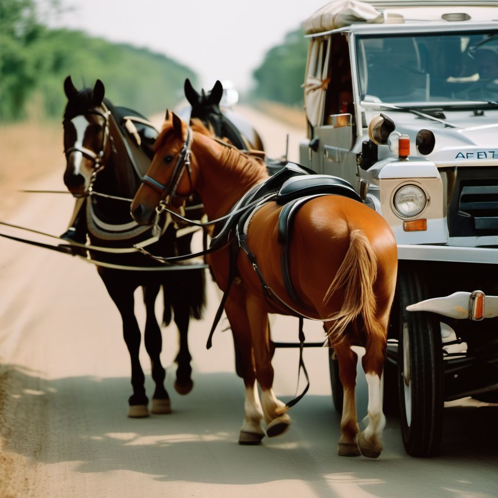 Animal-rider or occupant of animal-drawn vehicle injured in collision with animal being ridden digital illustration