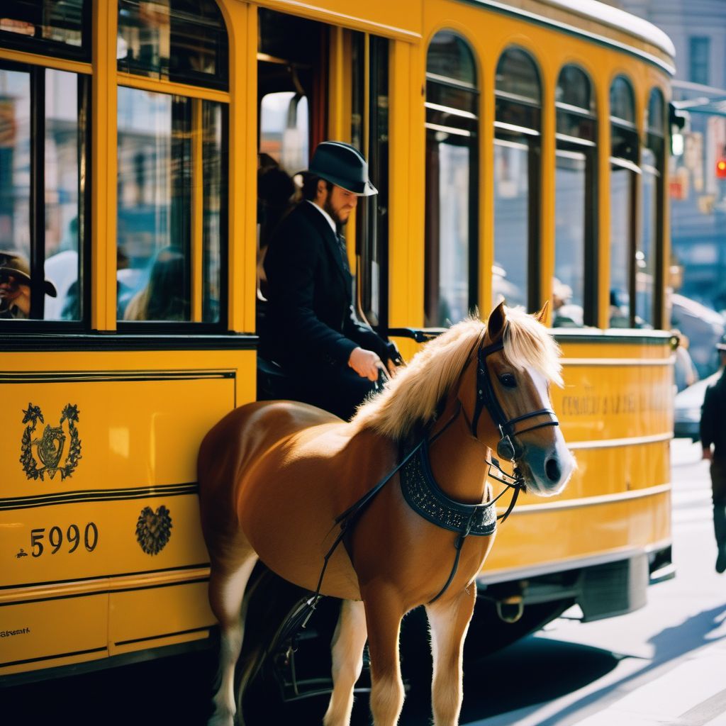 Animal-rider or occupant of animal-drawn vehicle injured in collision with streetcar digital illustration