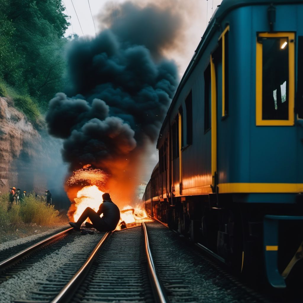 Occupant of railway train or railway vehicle injured due to explosion or fire on train digital illustration