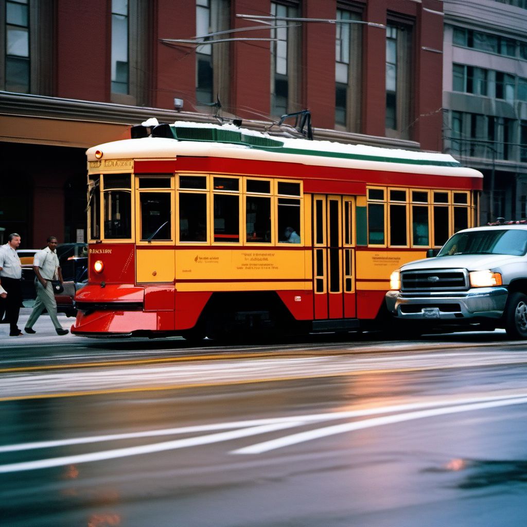 Occupant of streetcar injured in collision with motor vehicle in traffic accident digital illustration