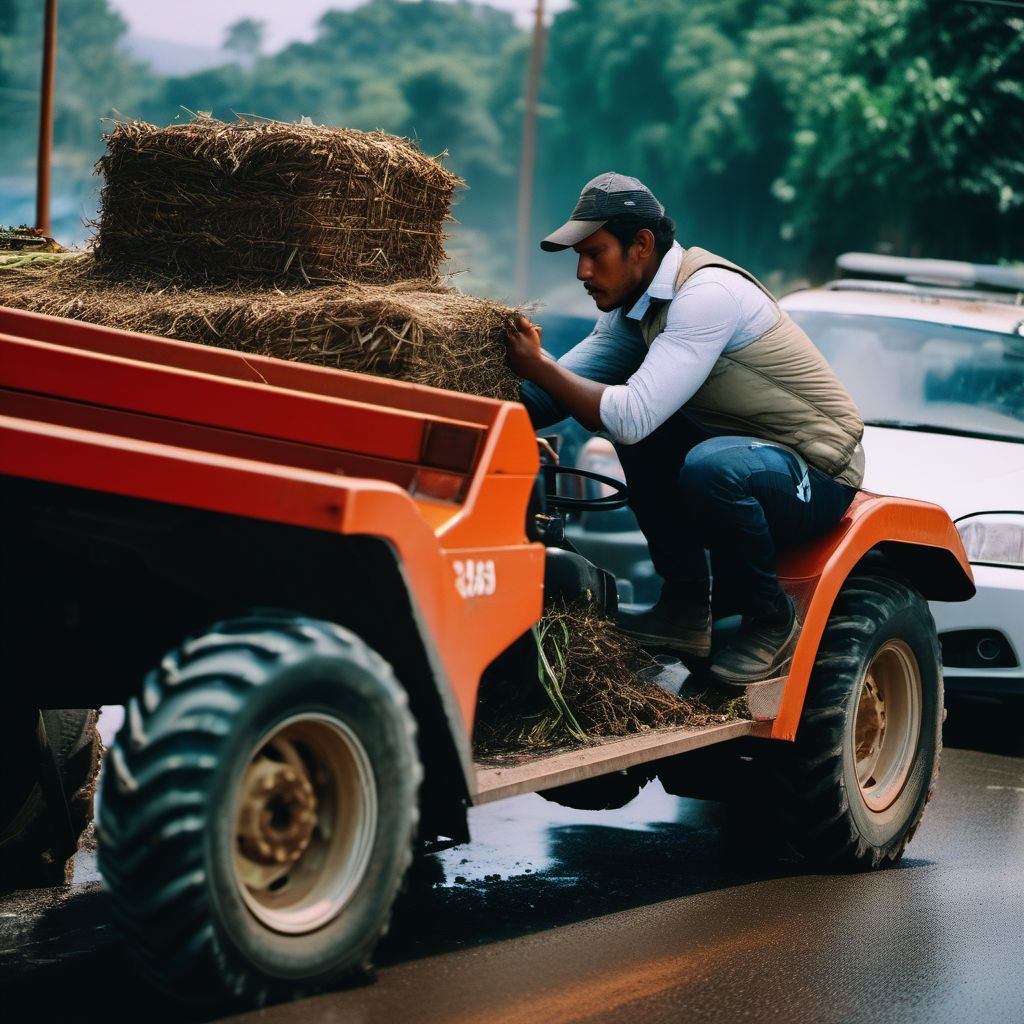 Person on outside of special agricultural vehicle injured in traffic accident digital illustration