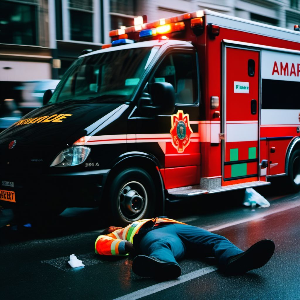 Person on outside of ambulance or fire engine injured in traffic accident digital illustration