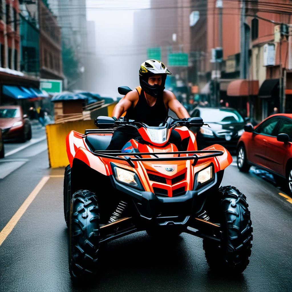 Person on outside of 3- or 4- wheeled all-terrain vehicle (ATV) injured in traffic accident digital illustration