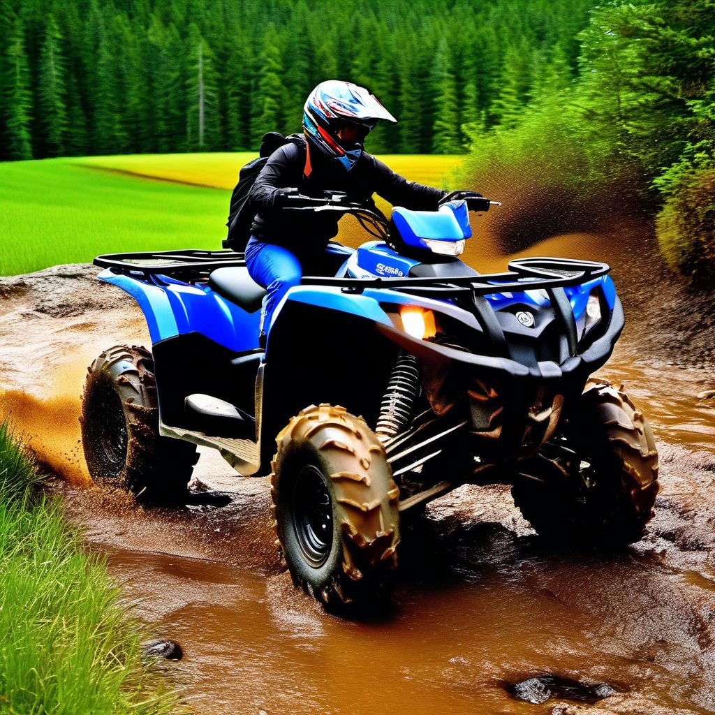 Person on outside of 3- or 4- wheeled all-terrain vehicle (ATV) injured in nontraffic accident digital illustration