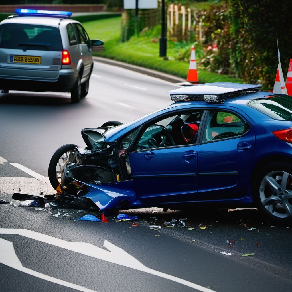 Person injured in collision between car and two- or three-wheeled powered vehicle (traffic) digital illustration