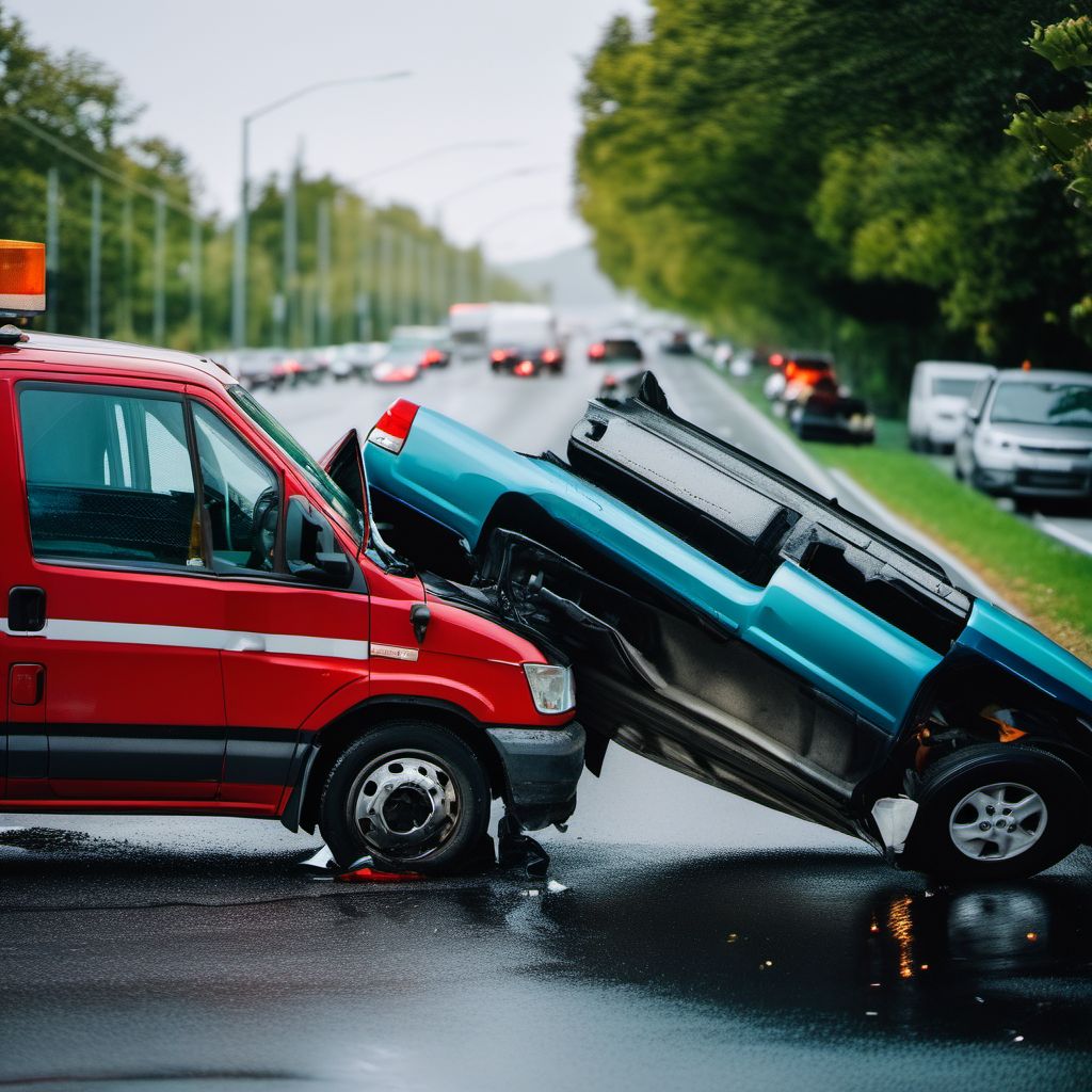 Person injured in collision between car and pick-up truck or van (traffic) digital illustration