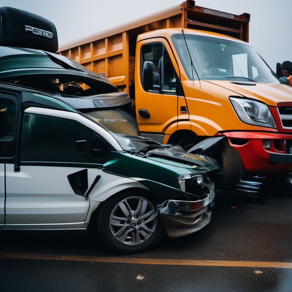 Person injured in collision between car and heavy transport vehicle (traffic) digital illustration