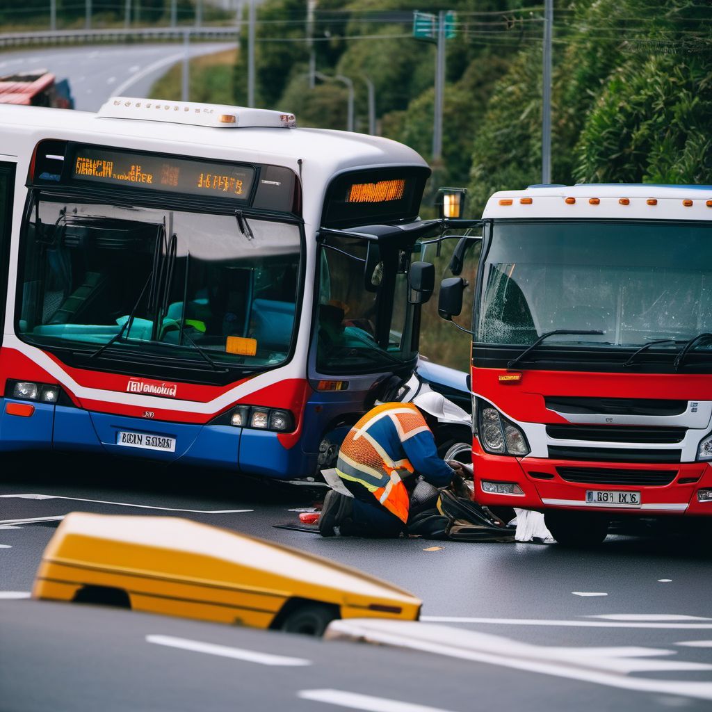 Person injured in collision between heavy transport vehicle and bus (traffic) digital illustration