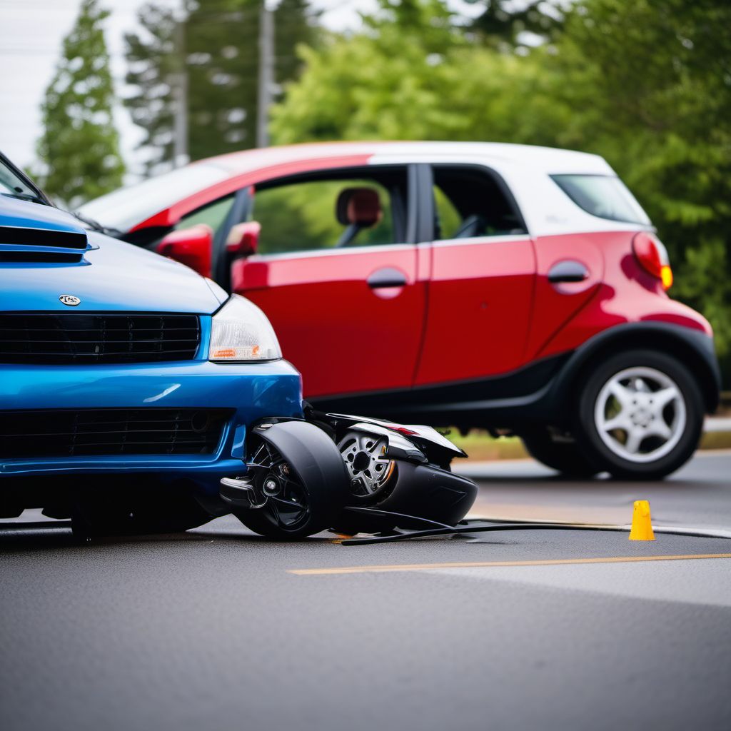 Person injured in collision between car and two- or three-wheeled motor vehicle, nontraffic digital illustration