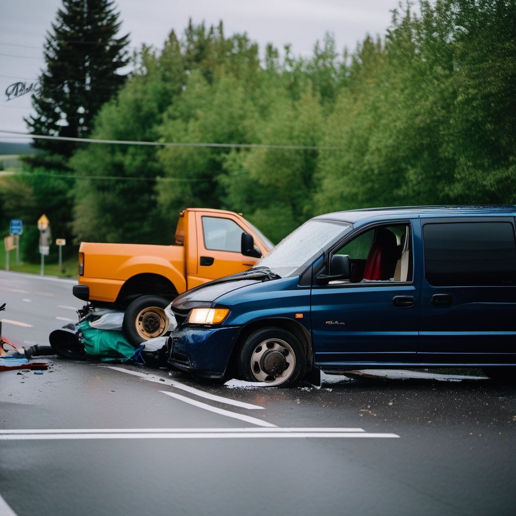 Person injured in collision between car and pick-up truck or van, nontraffic digital illustration