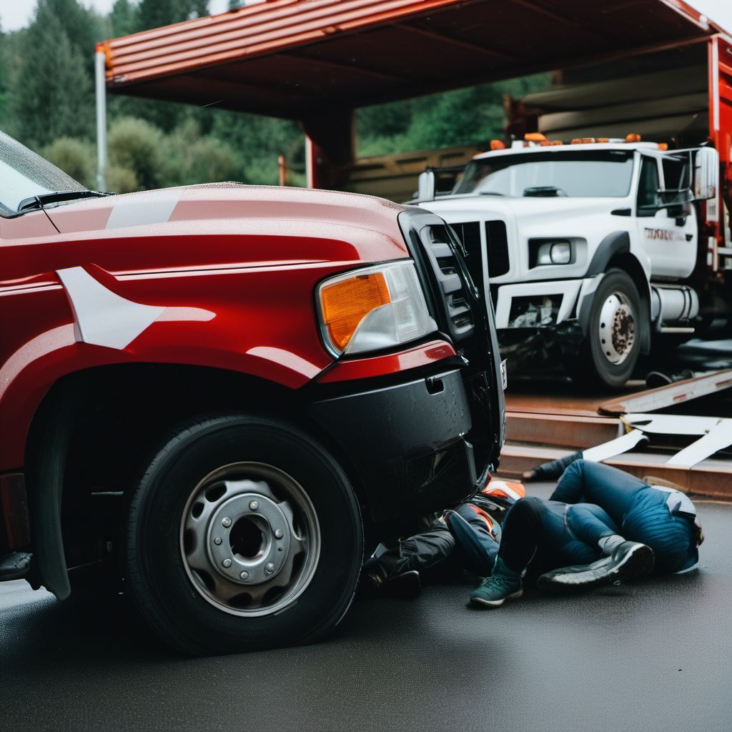 Person injured in collision between car and heavy transport vehicle, nontraffic digital illustration