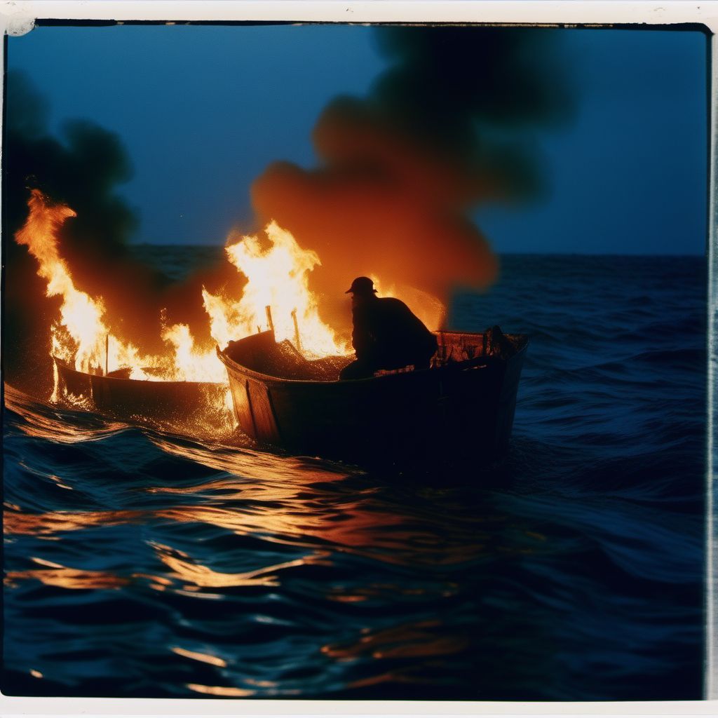 Drowning and submersion due to falling or jumping from burning fishing boat digital illustration