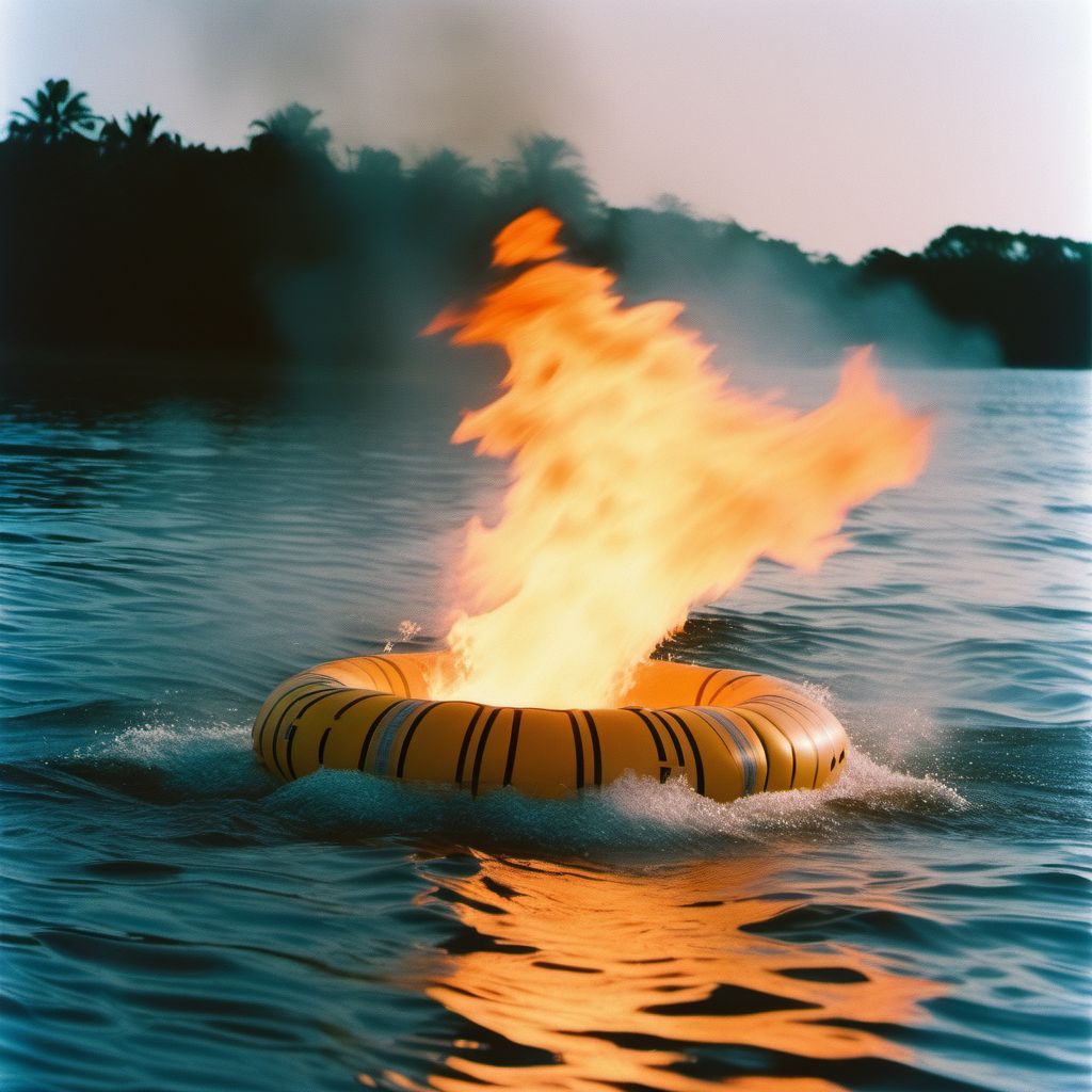 Drowning and submersion due to falling or jumping from burning (nonpowered) inflatable craft digital illustration