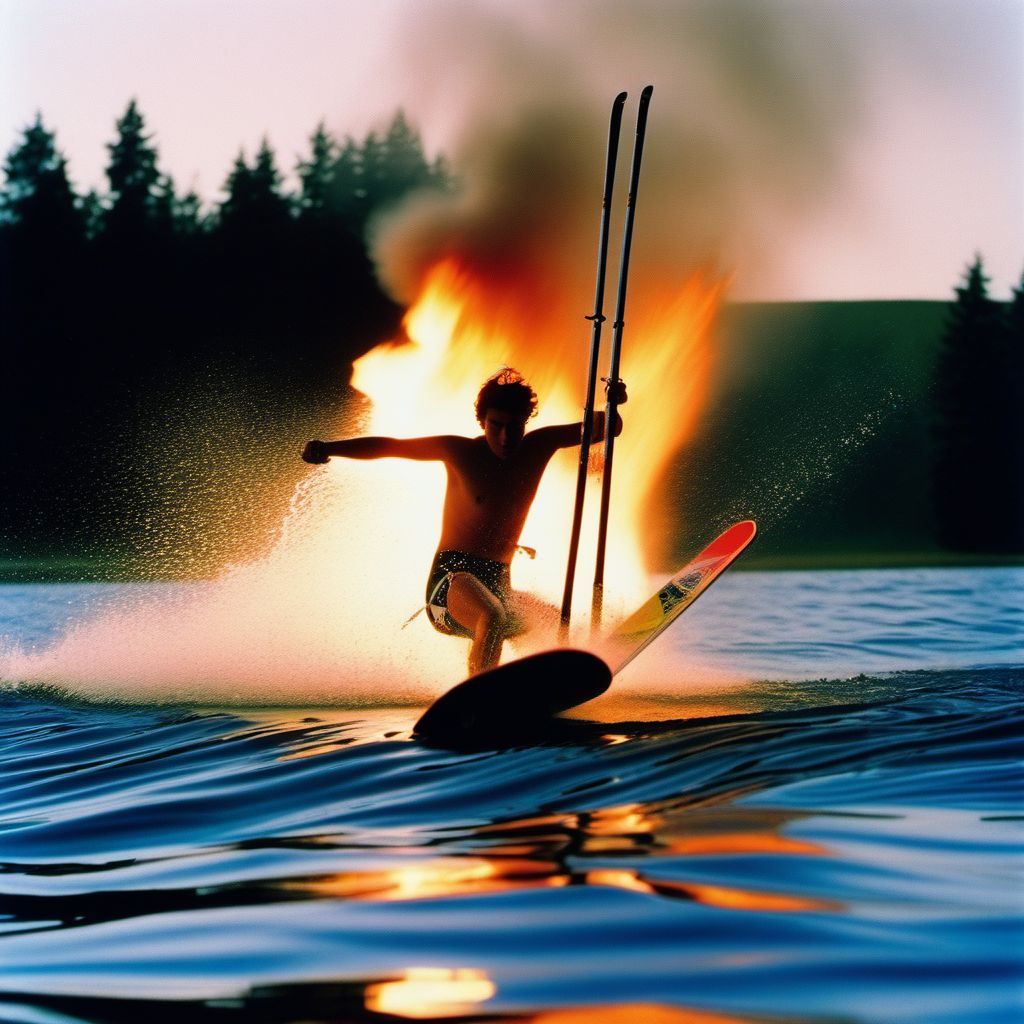 Drowning and submersion due to falling or jumping from burning water-skis digital illustration