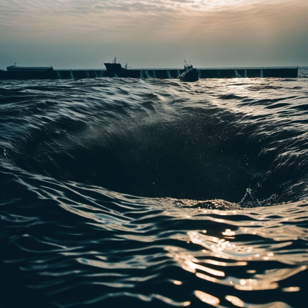 Drowning and submersion due to falling or jumping from crushed merchant ship digital illustration