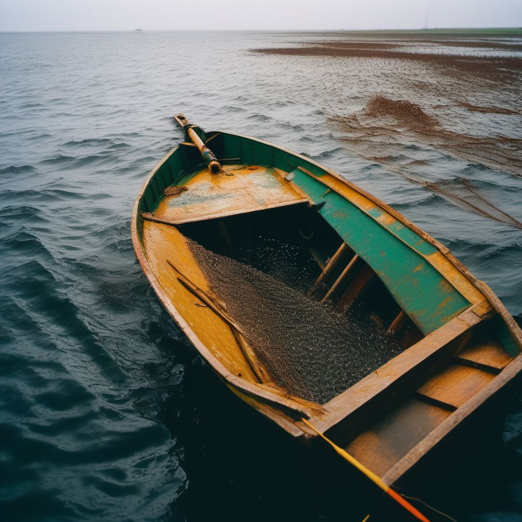 Drowning and submersion due to falling or jumping from crushed fishing boat digital illustration